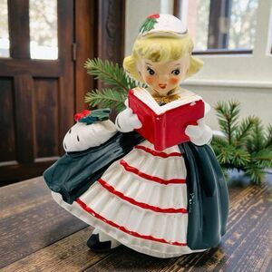 Caroler Christmas Napco Hand Painted Girl Planter Holding A Red Song Book 5.5in